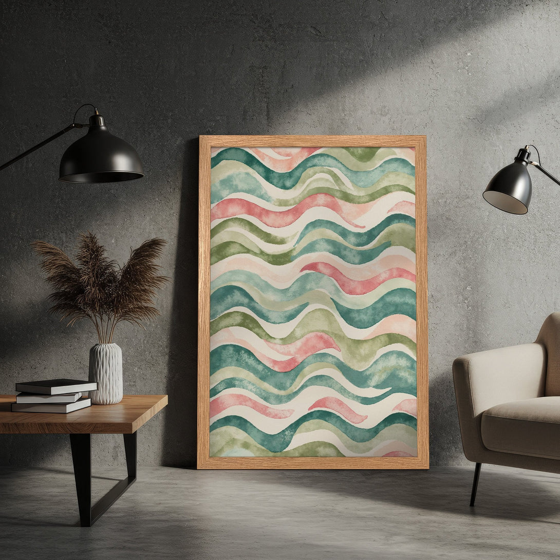 Framed Poster featuring watercolor wave design in green, pink, and cream. Modern art print for home decor, adds a touch of serenity.