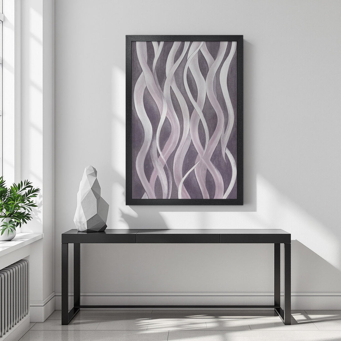 Framed Poster featuring abstract flowing lines in a soft purple and white color palette. Modern art for your home!