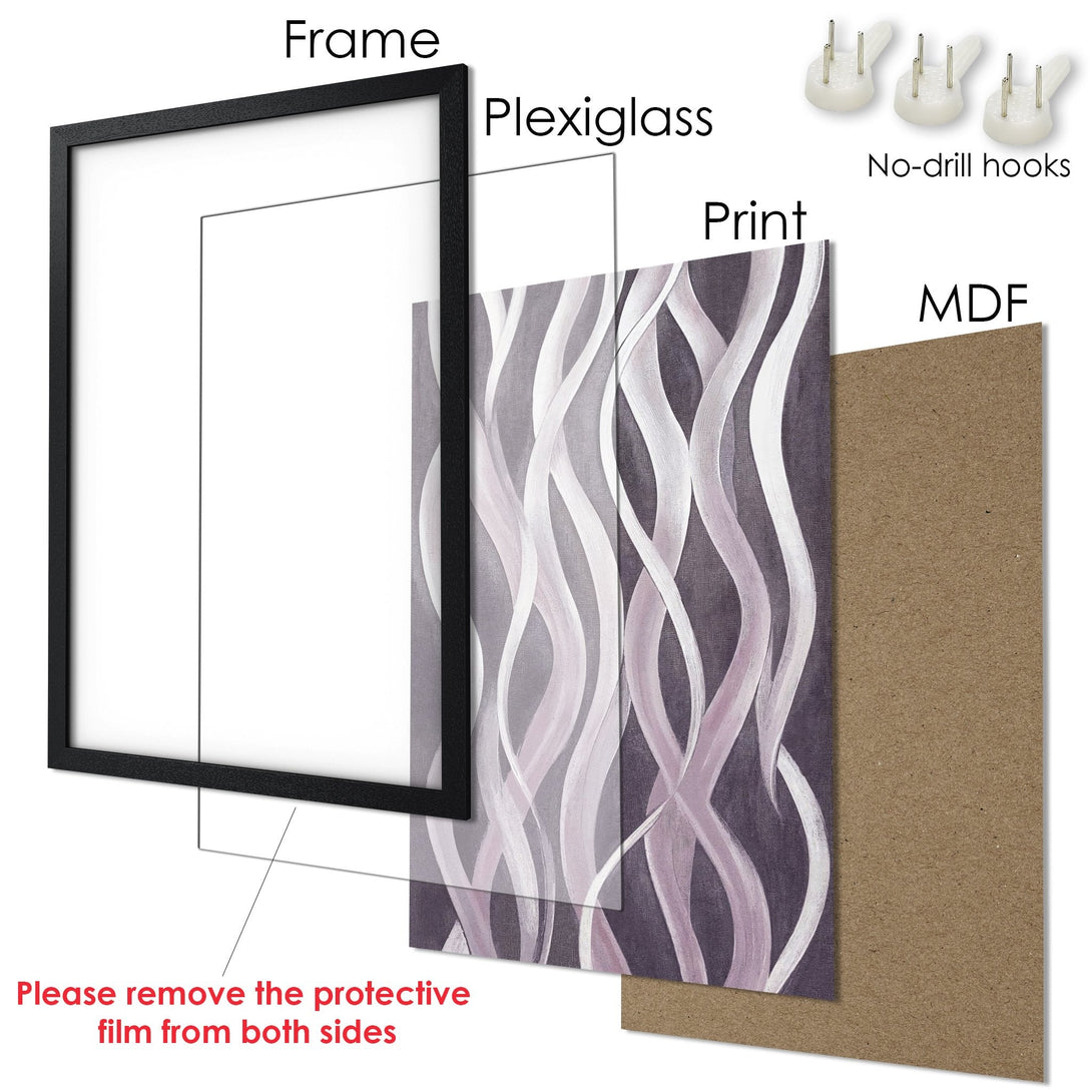 Framed Poster featuring abstract wave design in purple and white hues. Modern art for your home decor.
