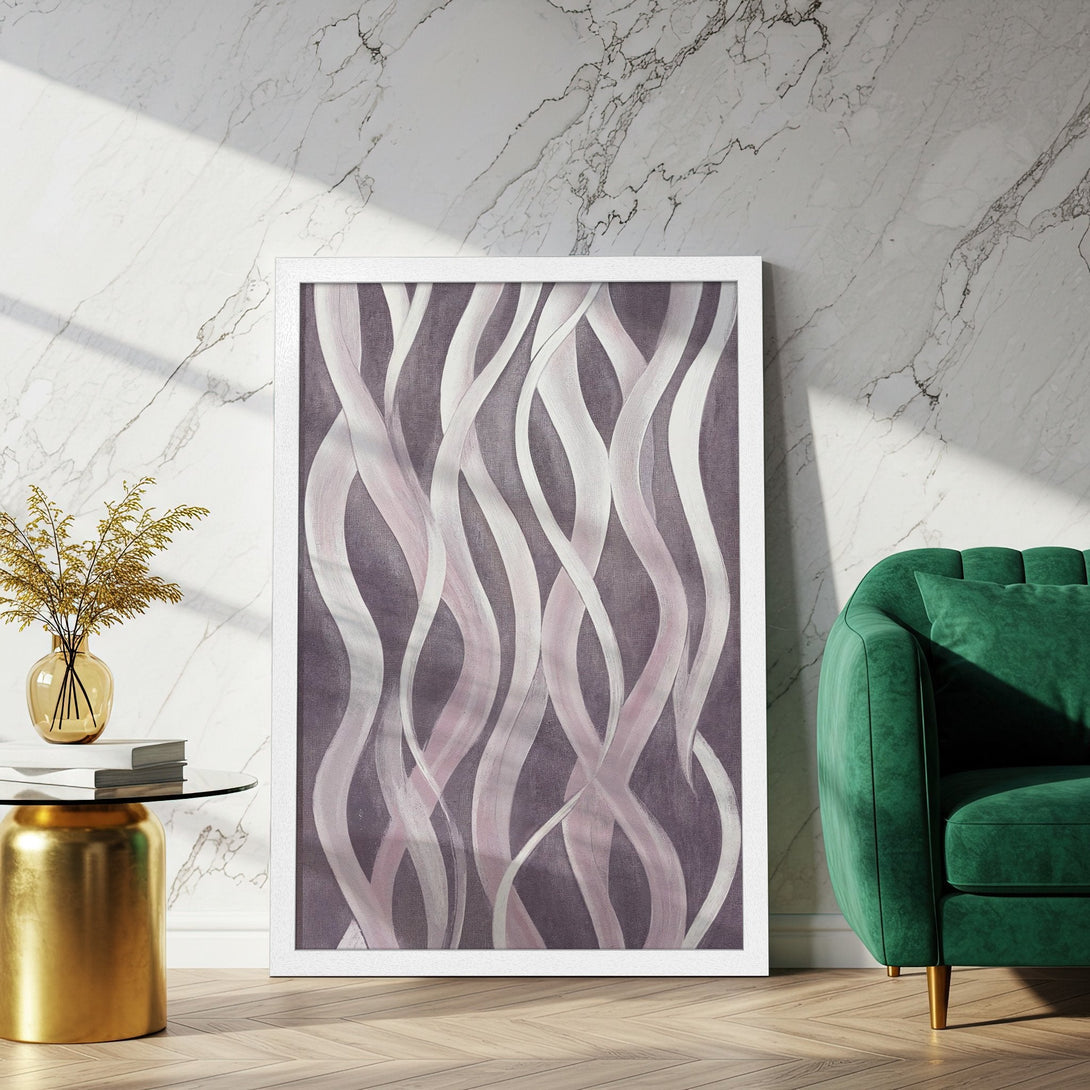 Framed Poster featuring abstract flowing lines in a soft purple and white color palette, perfect for modern home decor.