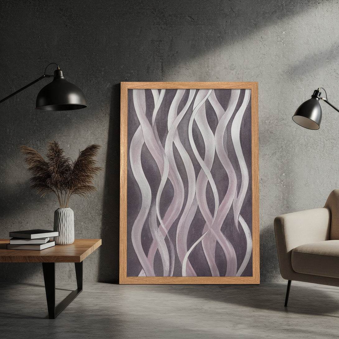 Framed Poster featuring abstract flowing lines in a soft purple and white palette. Modern art print for home decor.
