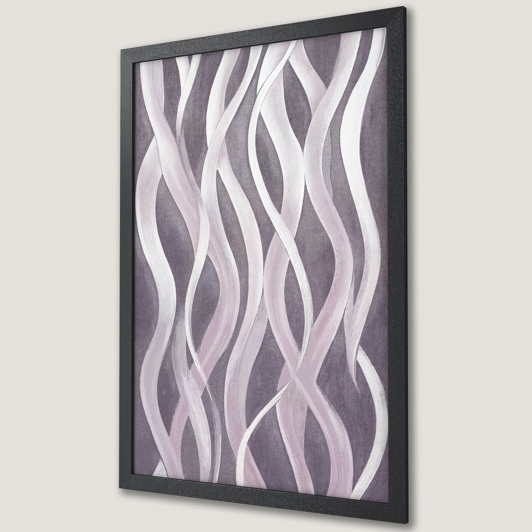Framed Poster with abstract flowing lines in purple and white. Modern art print for your home decor.