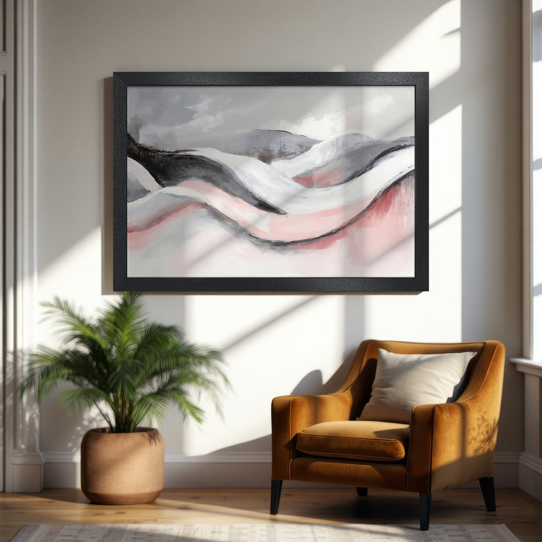 Framed Poster: Abstract landscape art in neutral tones with pink accents. Modern style, perfect for home decor.