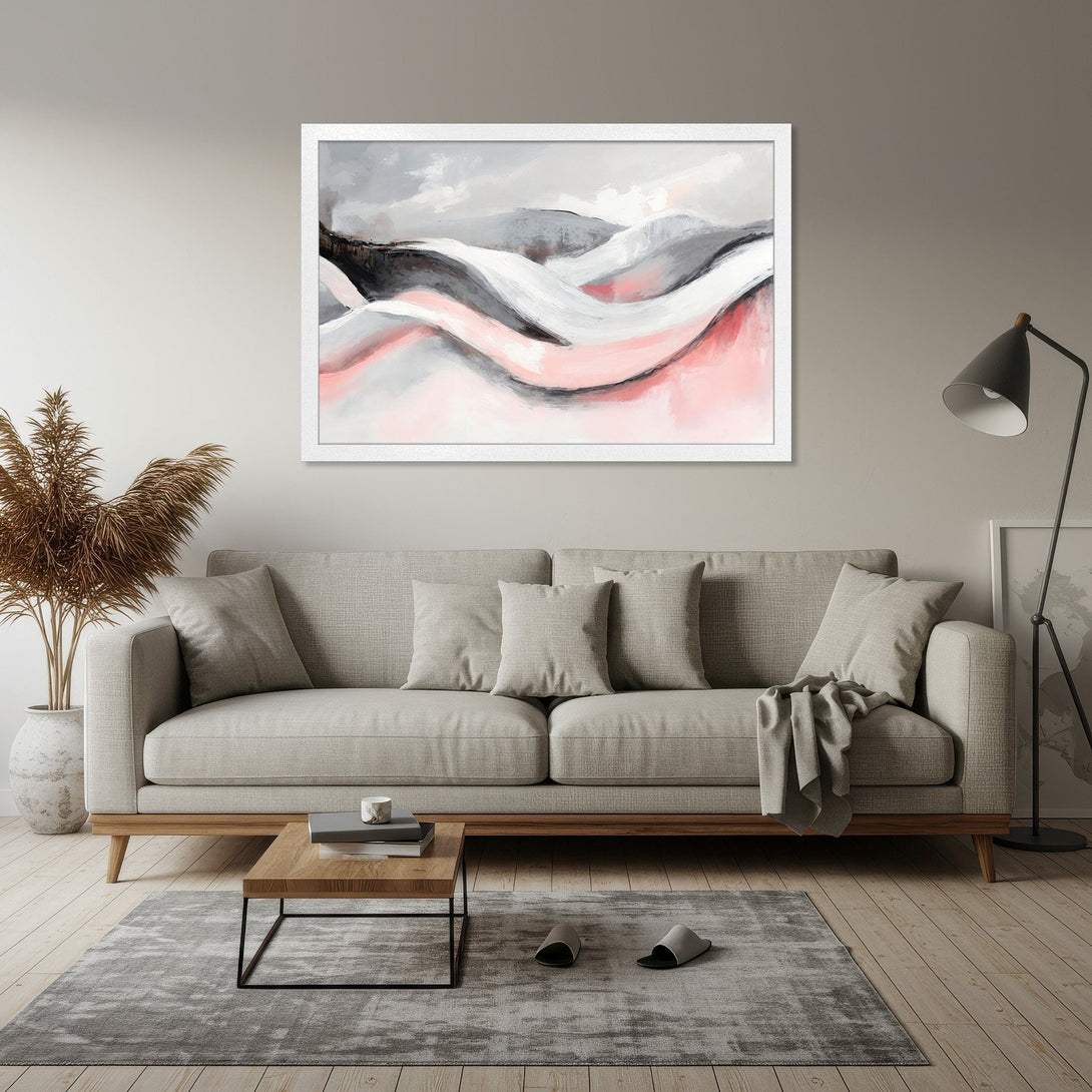 Framed Poster featuring abstract landscape art in gray, black, and pink. Modern wall art for home decor.