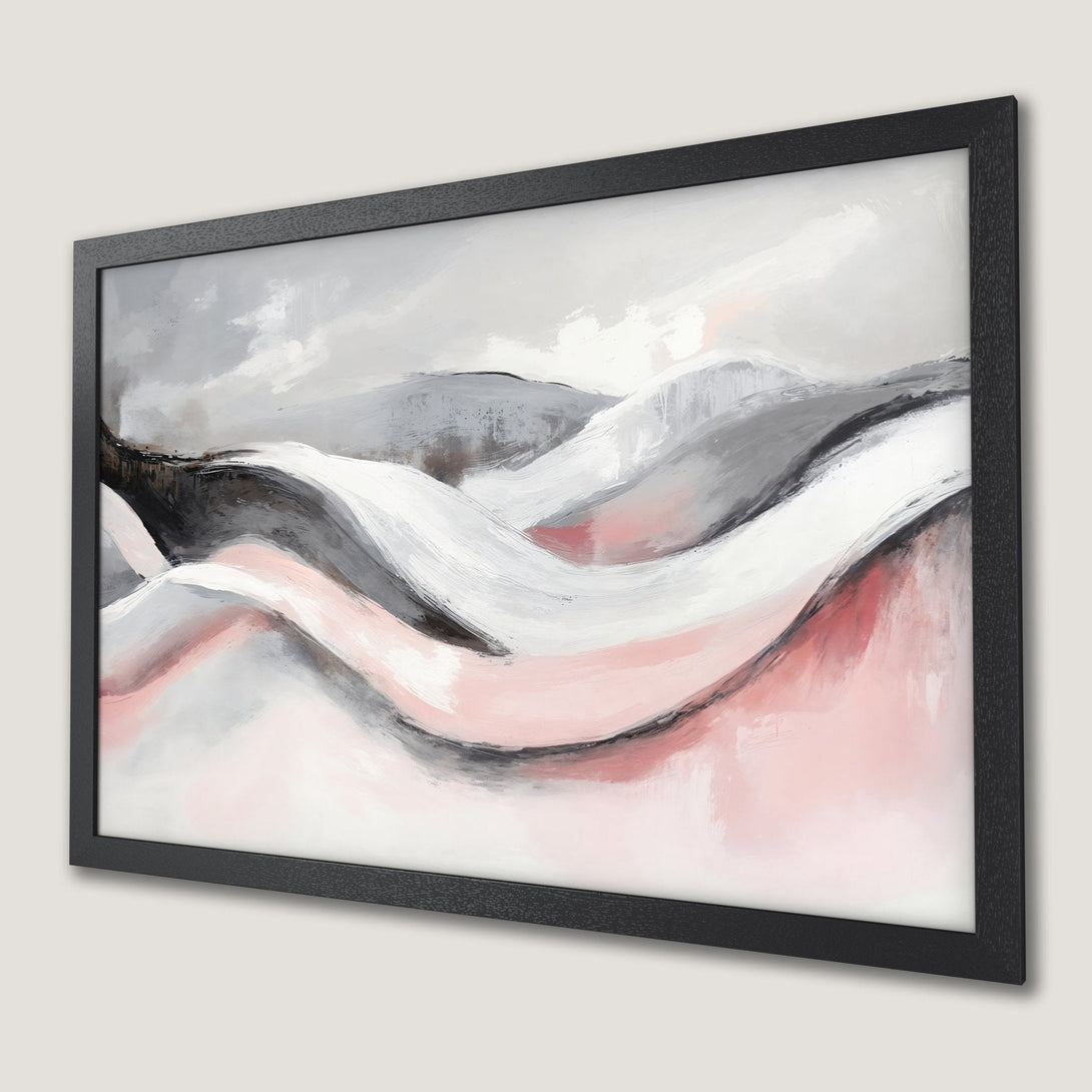 Framed Poster featuring abstract landscape art in a modern style with a pink, gray, and white color palette.