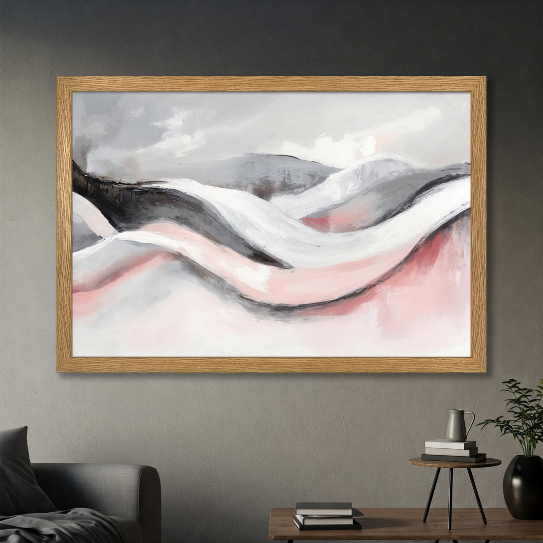 Framed Poster featuring abstract landscape art in a modern style with a pink, gray, and white color palette. Perfect wall decor!