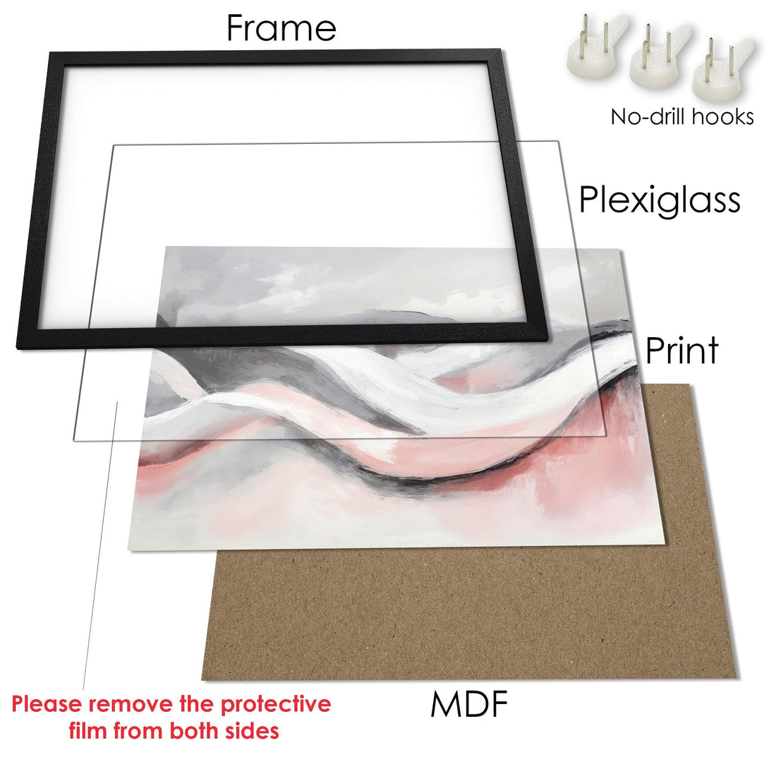 Framed Poster art print with abstract design in pink, gray, and white. Modern wall decor for your home.