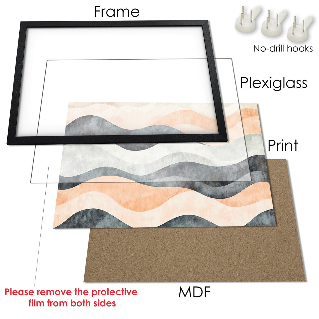 Framed Poster featuring abstract wave art in a neutral color palette. Modern wall decor for any space.