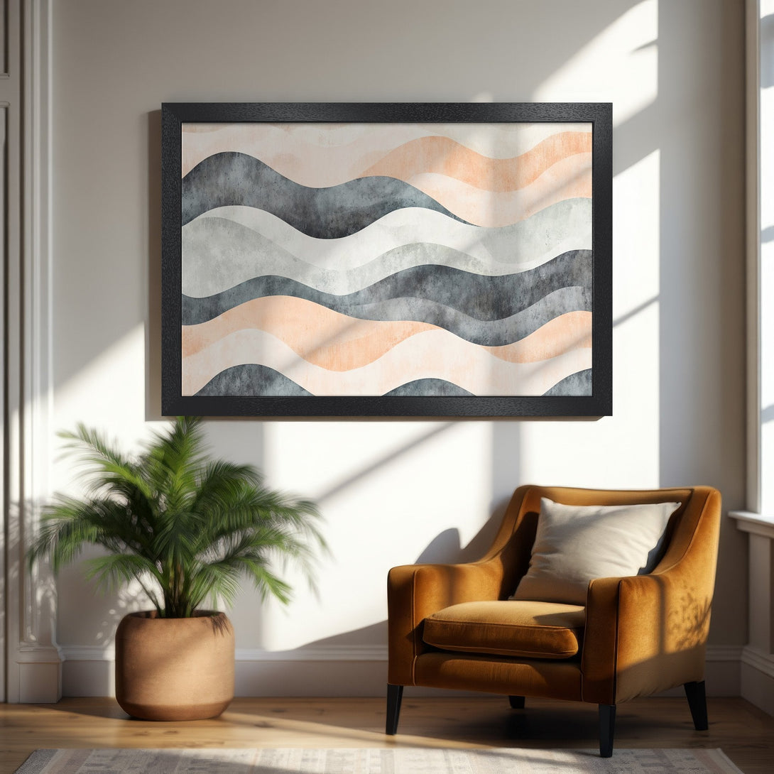 Framed Poster featuring abstract wave art in neutral tones. Perfect wall decor for modern living.