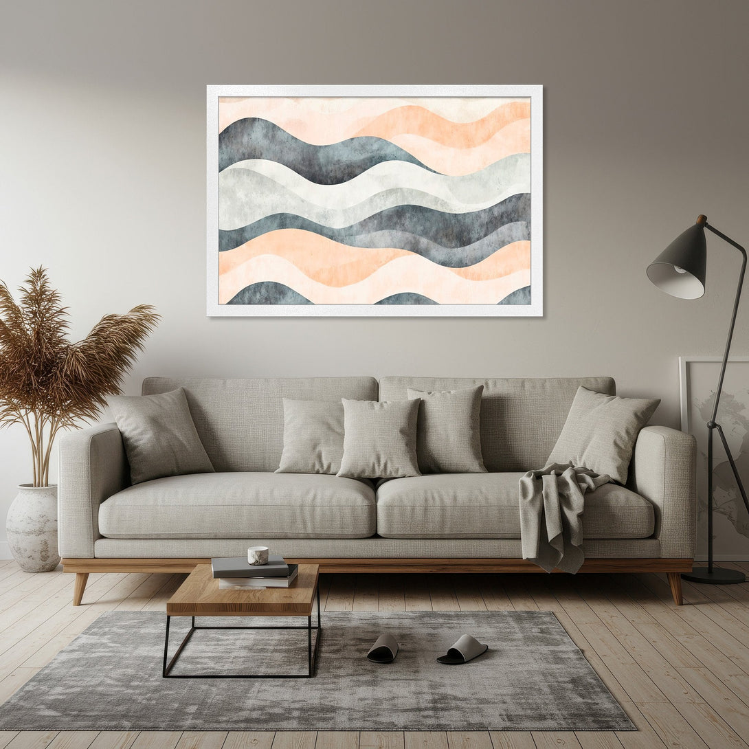 Framed Poster featuring abstract wave art in a muted color palette of peach, gray, and white. Perfect for modern home decor.