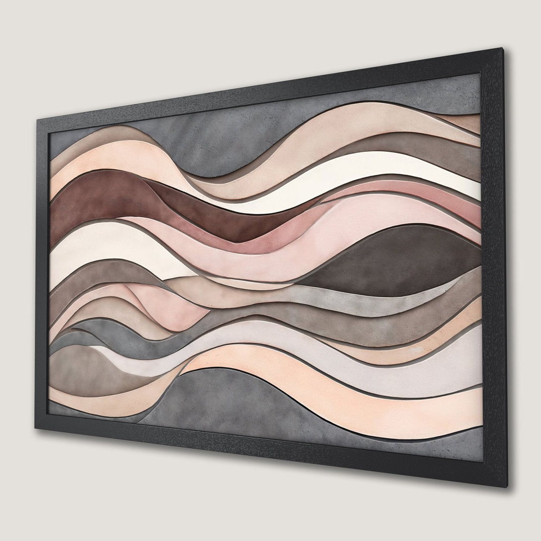 Framed Poster featuring abstract wavy design in neutral tones. Modern art print with a warm, inviting color palette. Perfect wall decor.