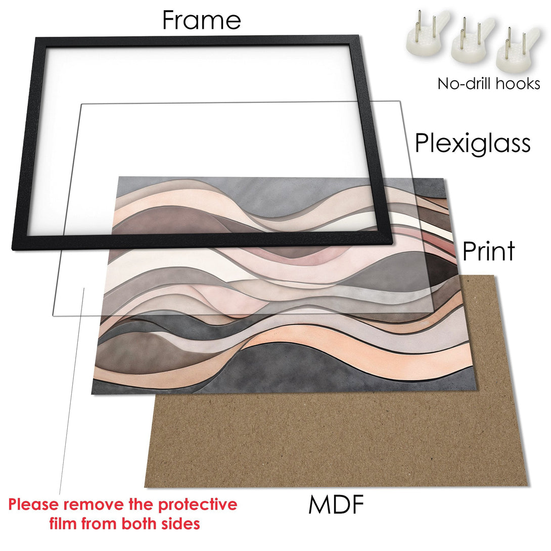 Framed Poster featuring an abstract layered design in a neutral, earthy color palette. Modern art print ready to hang.