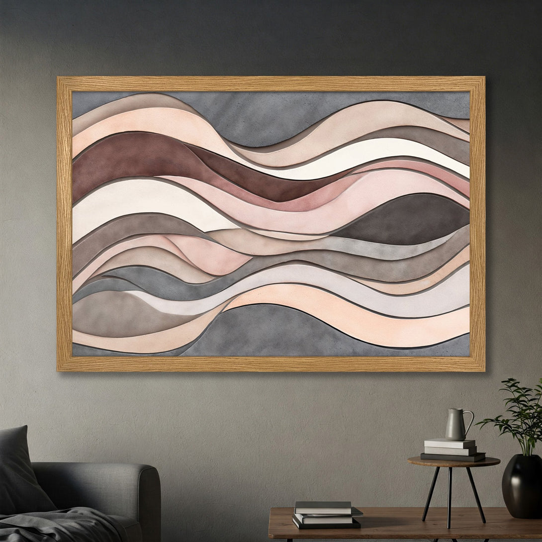 Framed Poster featuring abstract layered waves in a neutral color palette. Modern art print perfect for home decor.