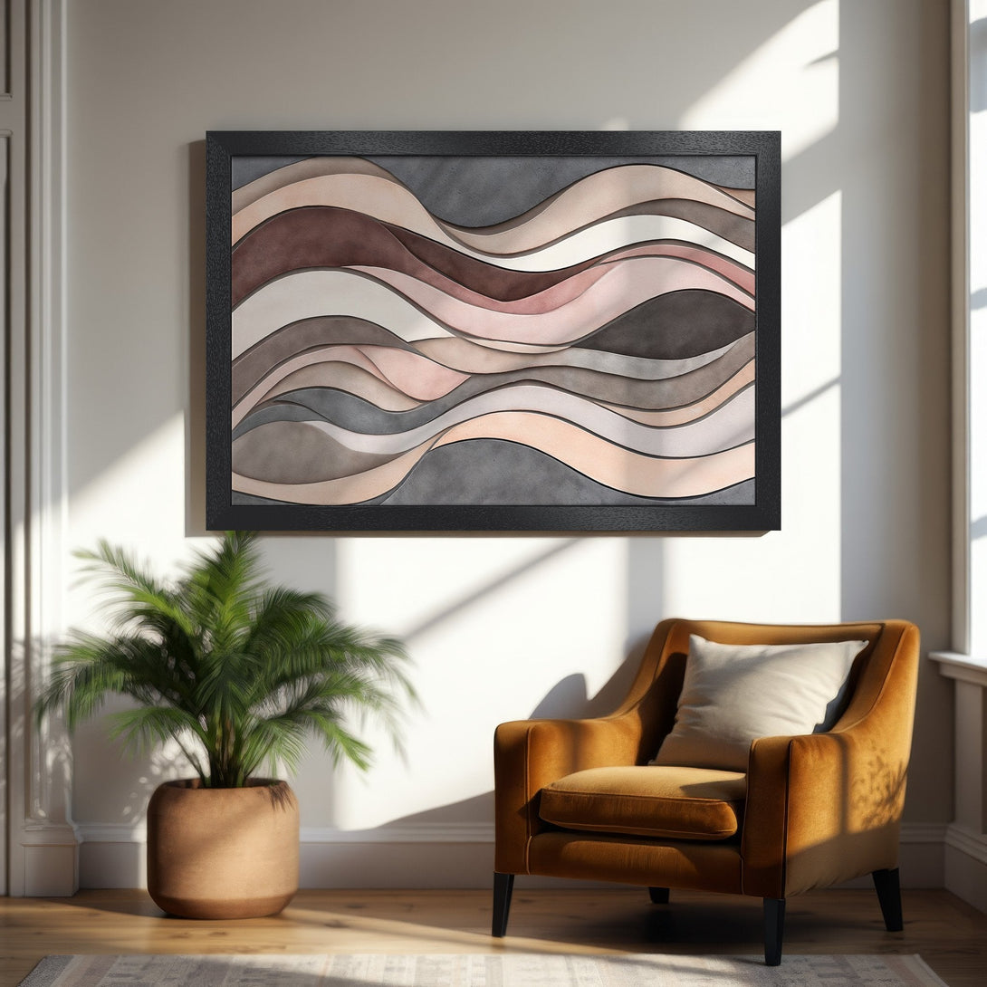 Framed Poster featuring abstract wave art in neutral tones. Modern wall decor for a stylish home.