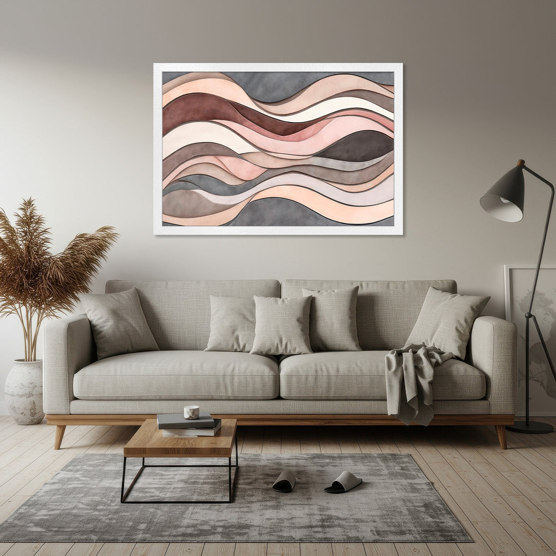 Framed Poster featuring abstract wave design in warm neutral tones, perfect for modern home decor.