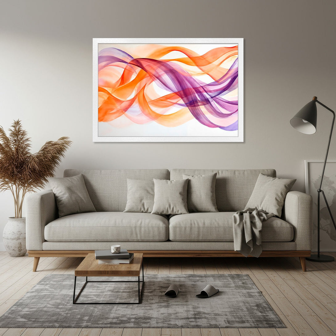 Framed Poster featuring abstract flowing art in vibrant orange, purple, and pink hues. Perfect for modern home decor!
