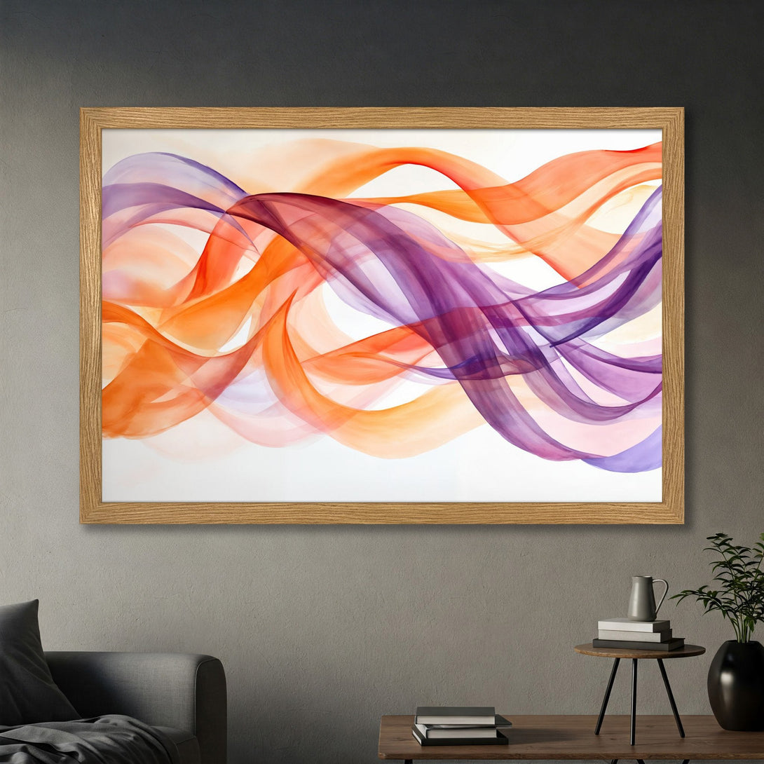 Framed Poster featuring abstract flowing ribbons in orange, purple, and white. Modern art print to elevate your space.