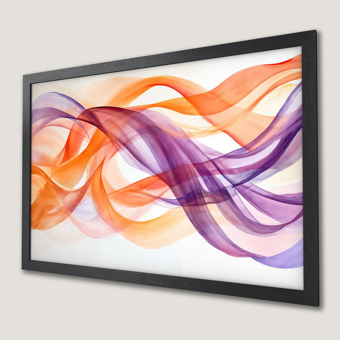 Framed Poster: Abstract art with flowing orange & purple ribbons. Modern style, vibrant color palette for home decor.