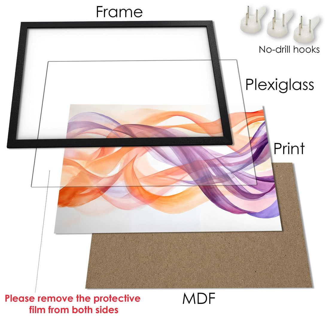 Framed Poster with abstract watercolor art in orange and purple hues. Modern wall decor.