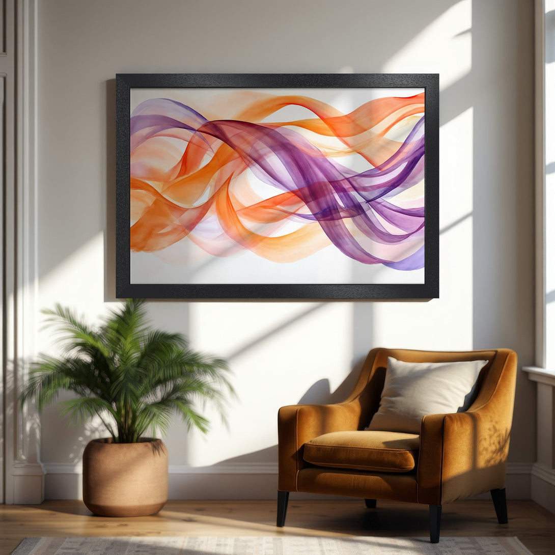 Framed Poster featuring abstract flowing ribbons in orange and purple hues. Modern art for home decor.
