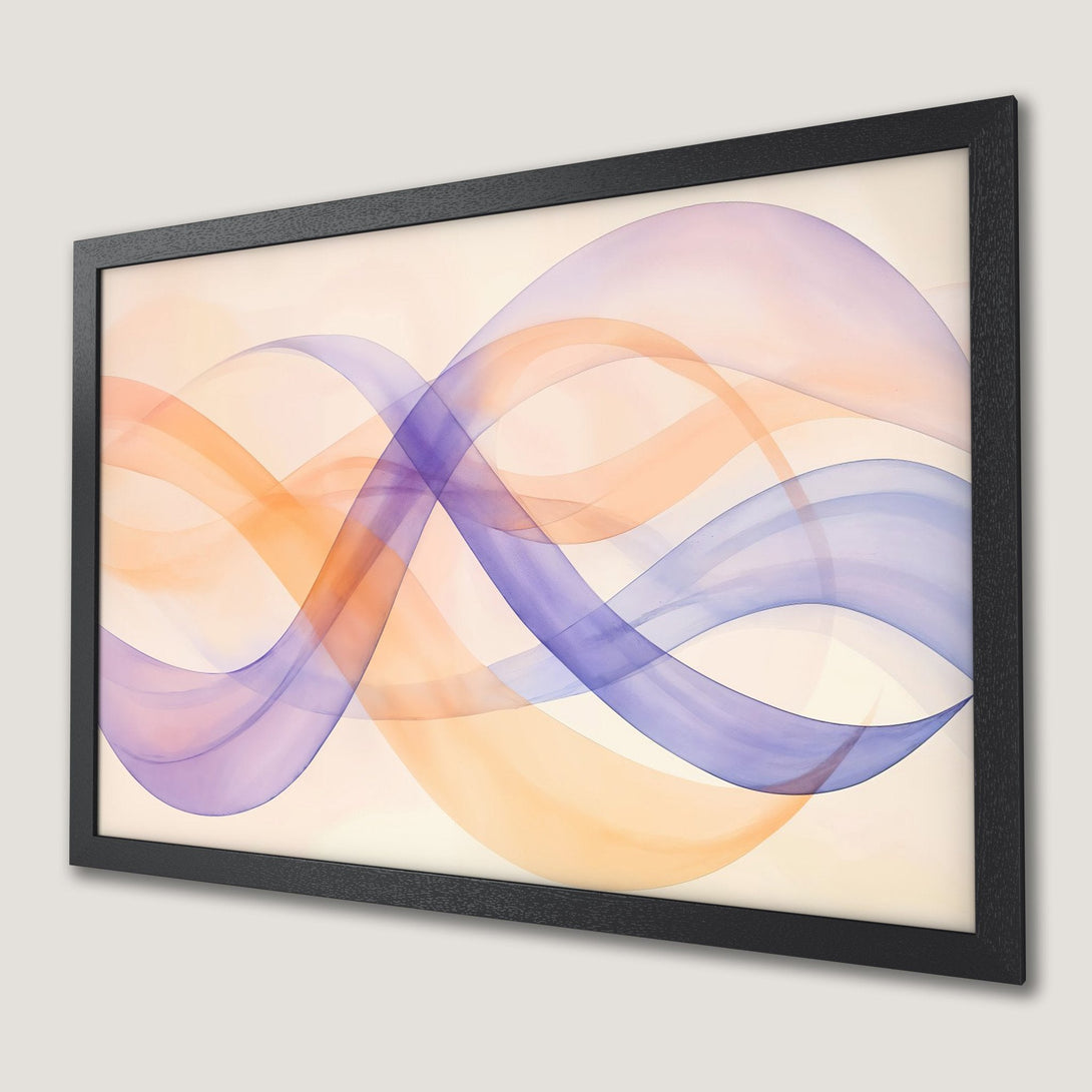Framed Poster featuring abstract flowing design in orange, purple, and cream color palette. Modern art for your home!