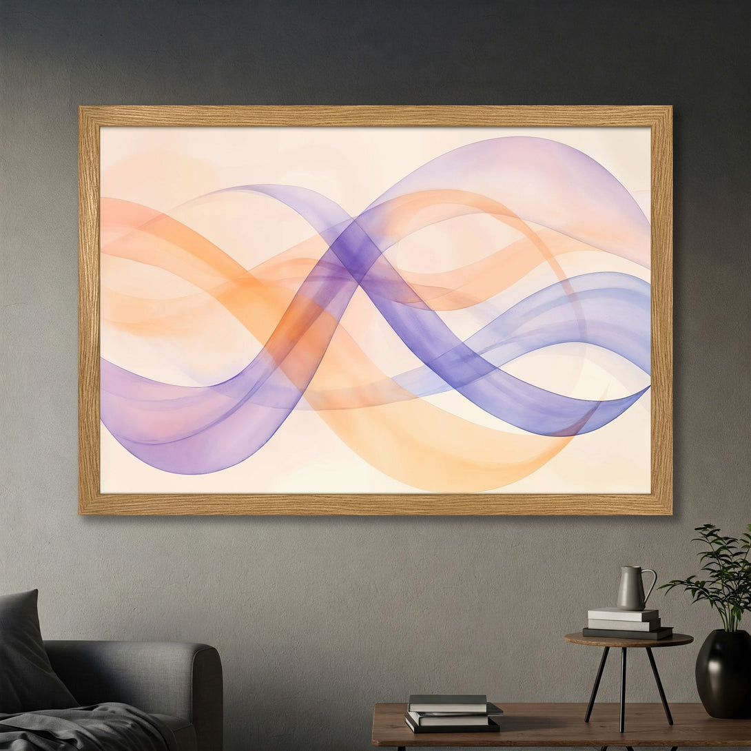 Framed Poster featuring abstract flowing lines in purple, orange, and blue on a light background. Modern art print for home decor.