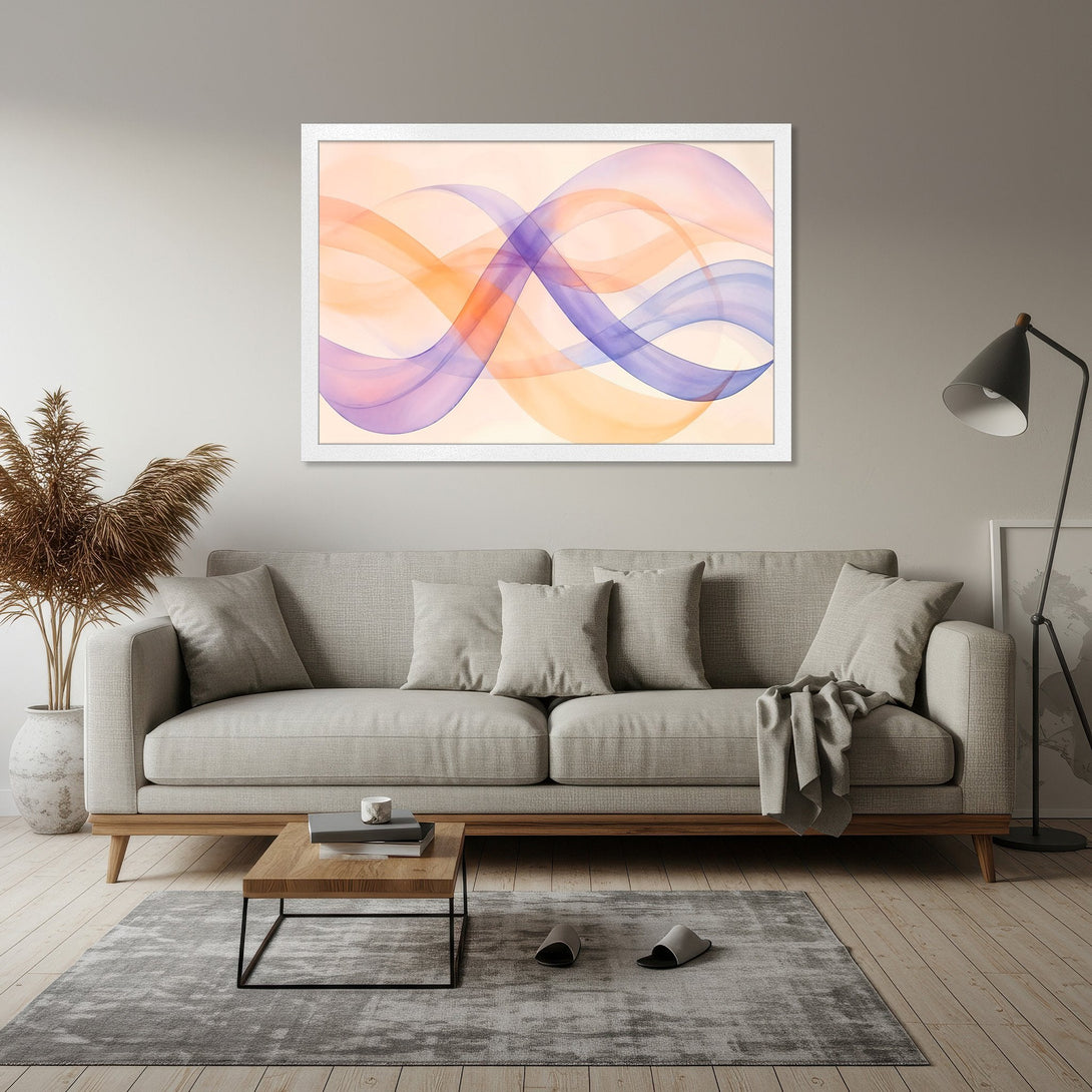 Framed Poster featuring abstract flowing lines in a soft, pastel color palette. Perfect wall art for modern home decor.