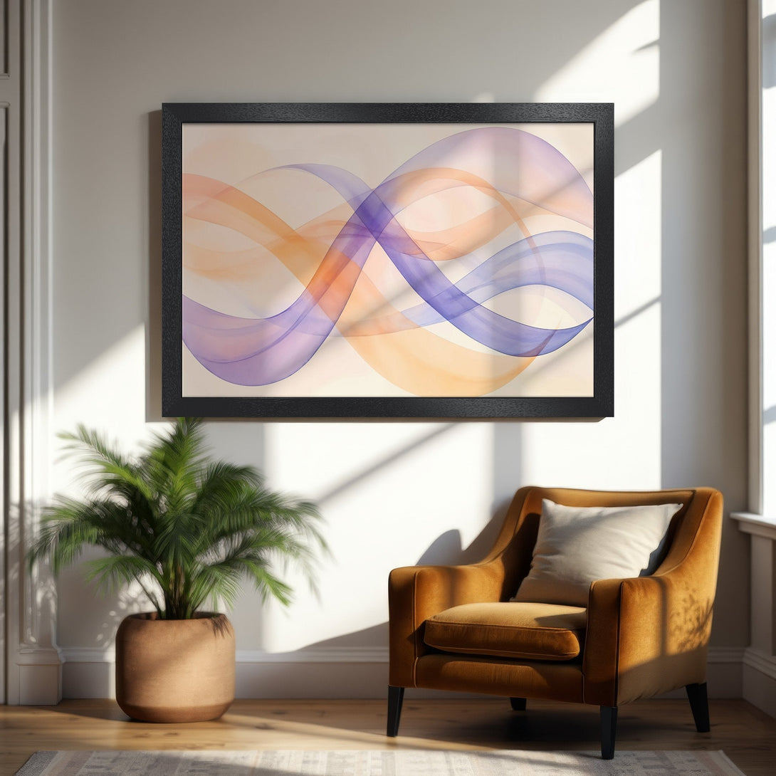 Framed Poster featuring abstract flowing lines in orange, purple, & beige. Modern art print for home decor.
