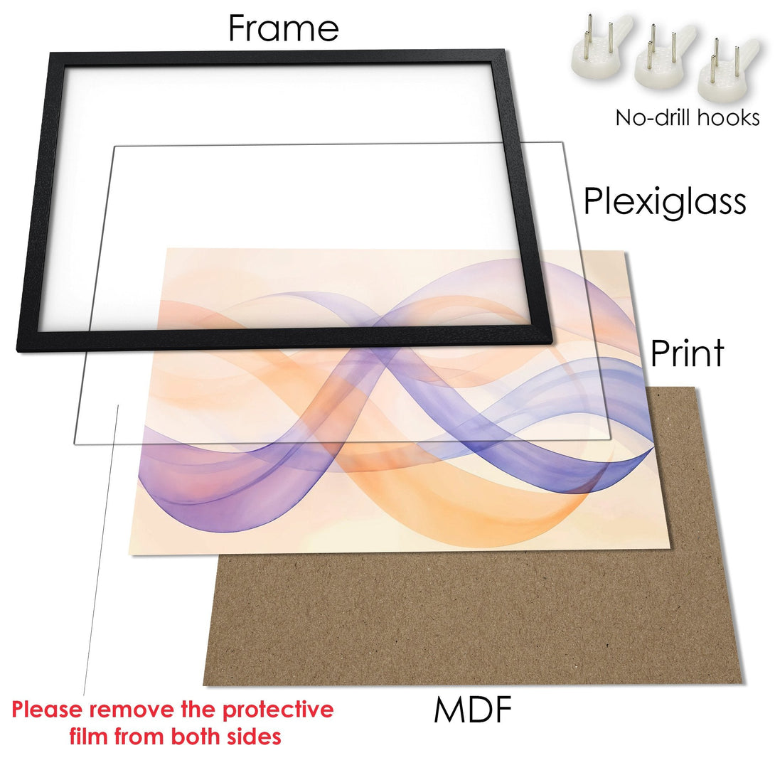 Framed Poster with abstract art in soft orange and purple tones. Modern wall decor for any space.