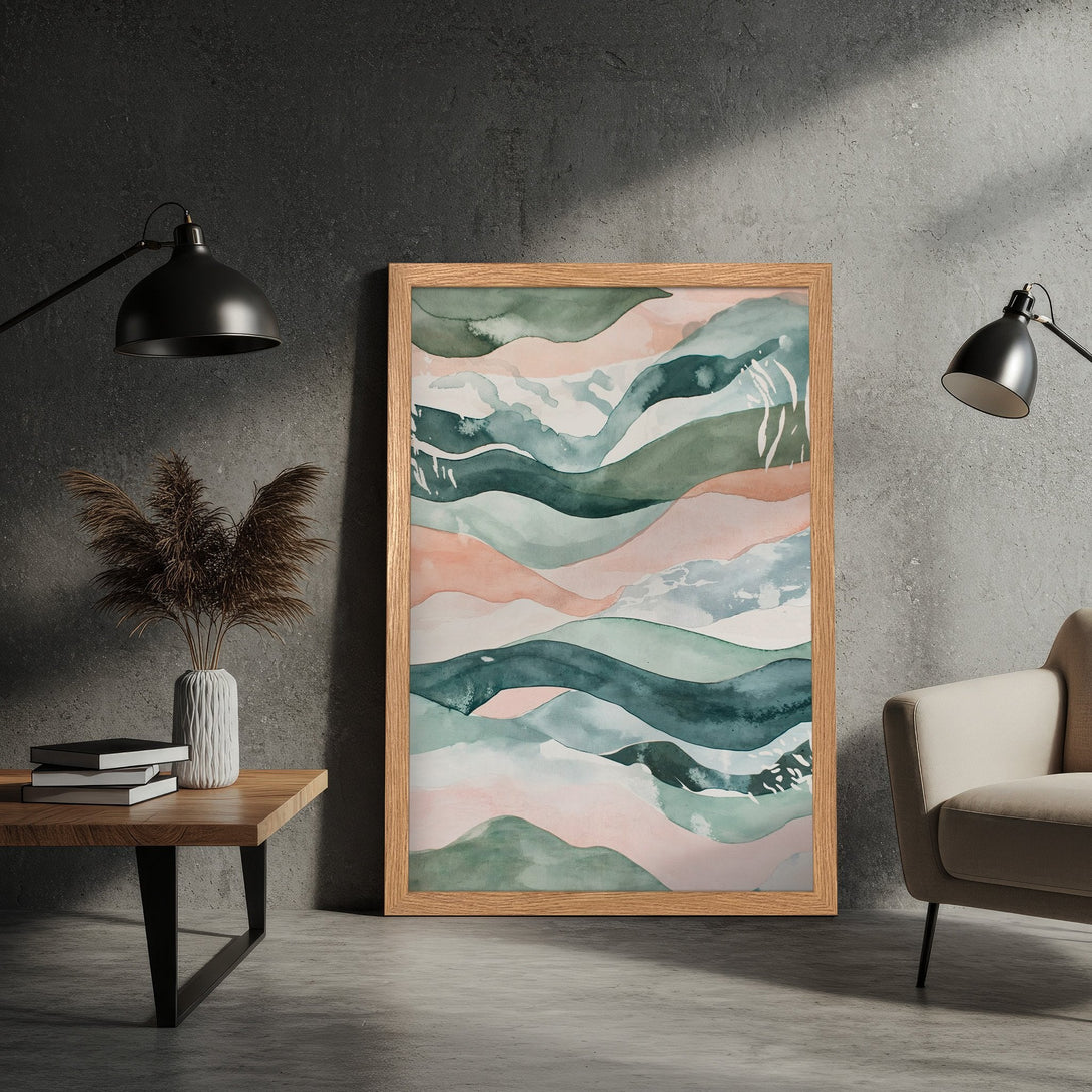 Framed Poster featuring abstract watercolor landscape art. Earthy tones of green, pink, and blue create a calming aesthetic. Perfect wall decor!