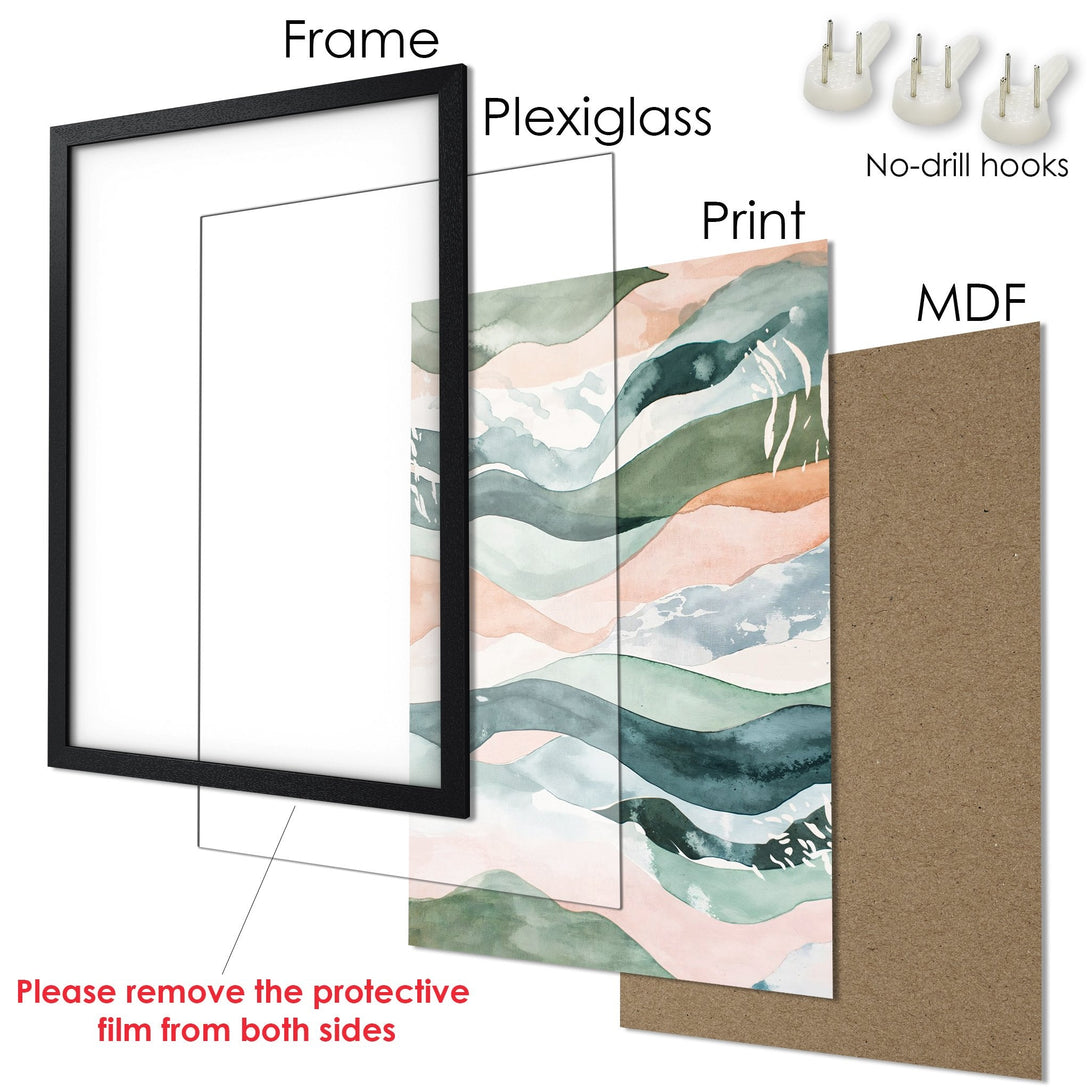 Framed Poster: Abstract watercolor landscape art in green, peach, and blue. Ready to hang wall art for your home decor.