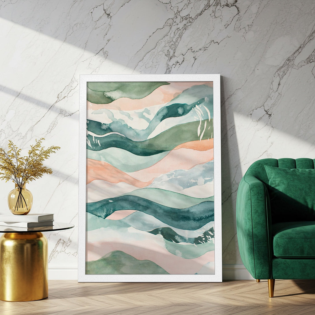 Framed Poster featuring abstract watercolor landscape art in green, peach, and blue tones. Modern wall decor.