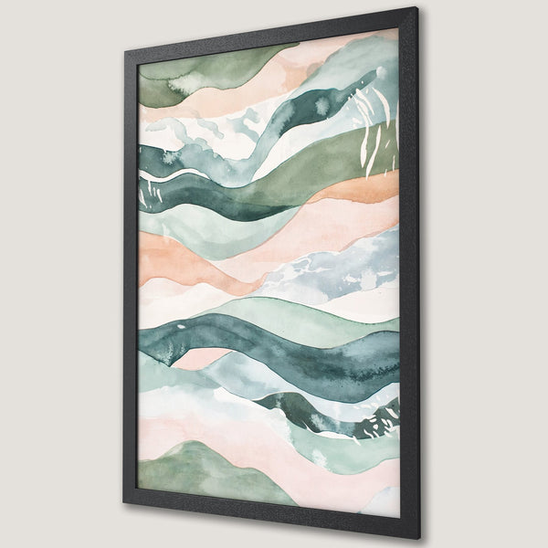 Framed Poster featuring watercolor abstract landscape art in calming green, pink, and blue tones. Perfect wall decor for a serene space.