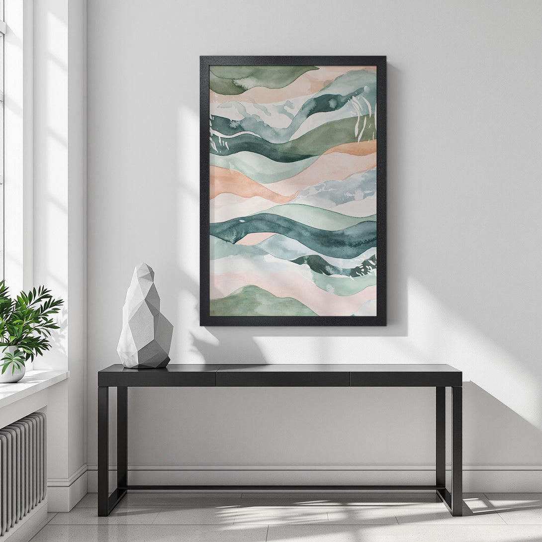 Framed Poster featuring abstract watercolor landscape art in a calming green, peach, and blue palette. Perfect wall decor!