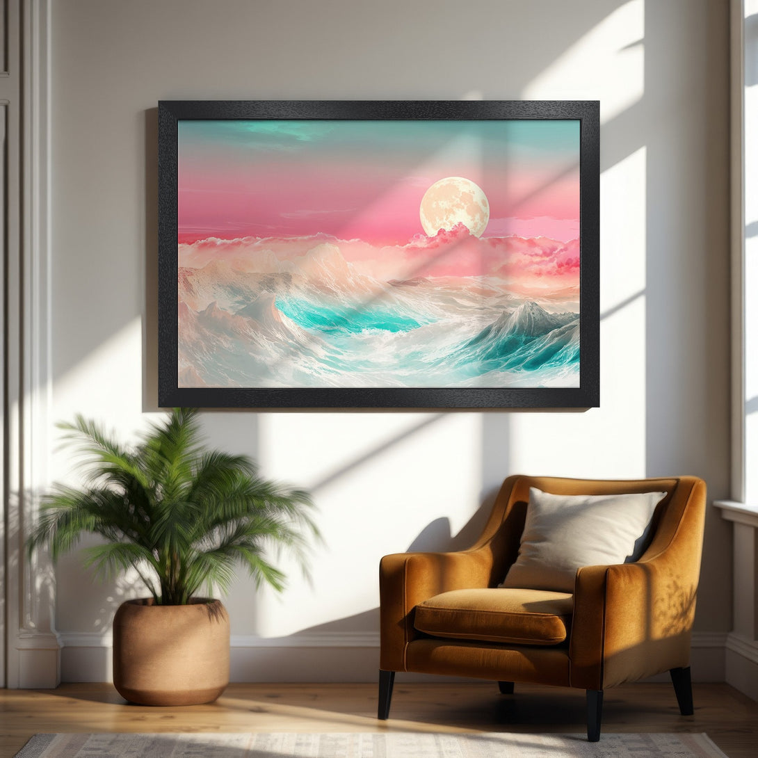 Framed Poster featuring a surreal ocean landscape with a pink and teal color palette. Perfect wall art for a dreamy aesthetic.