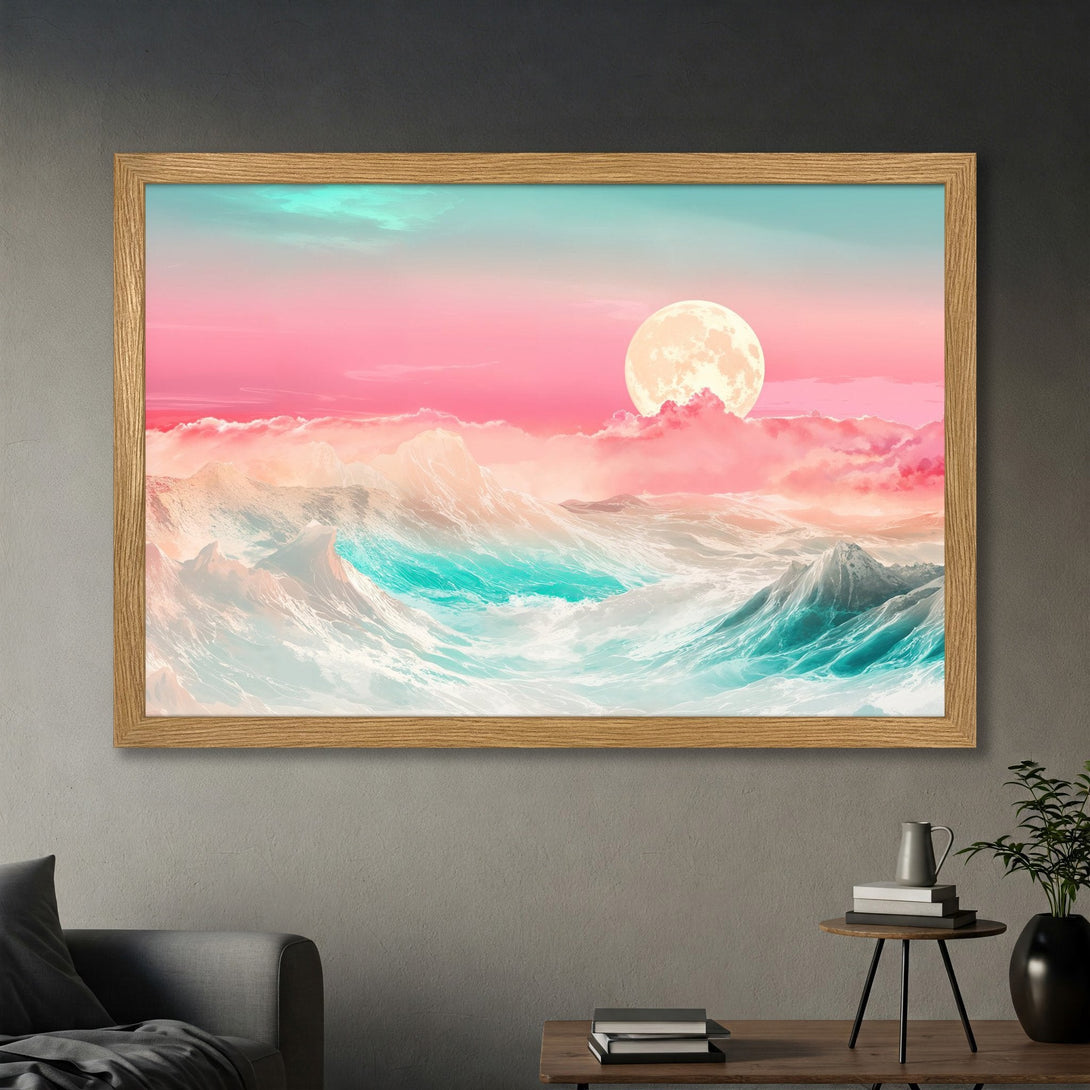 Framed Poster featuring a dreamy ocean scene with a pink and teal color palette, perfect for adding a touch of serenity to your space.
