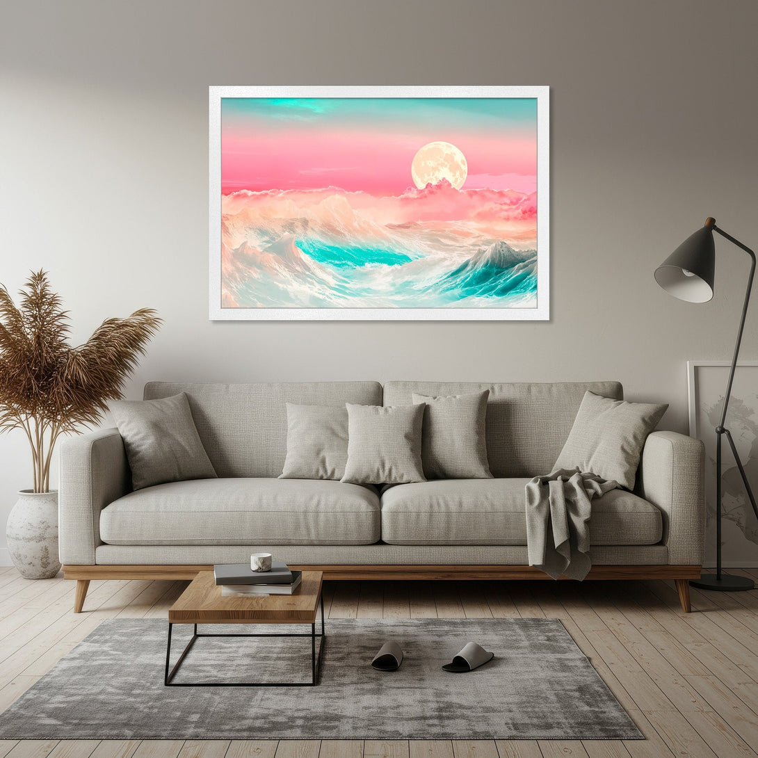 Framed Poster featuring a dreamy seascape with a moon, vibrant pink and teal hues. Modern art style, perfect for home decor.