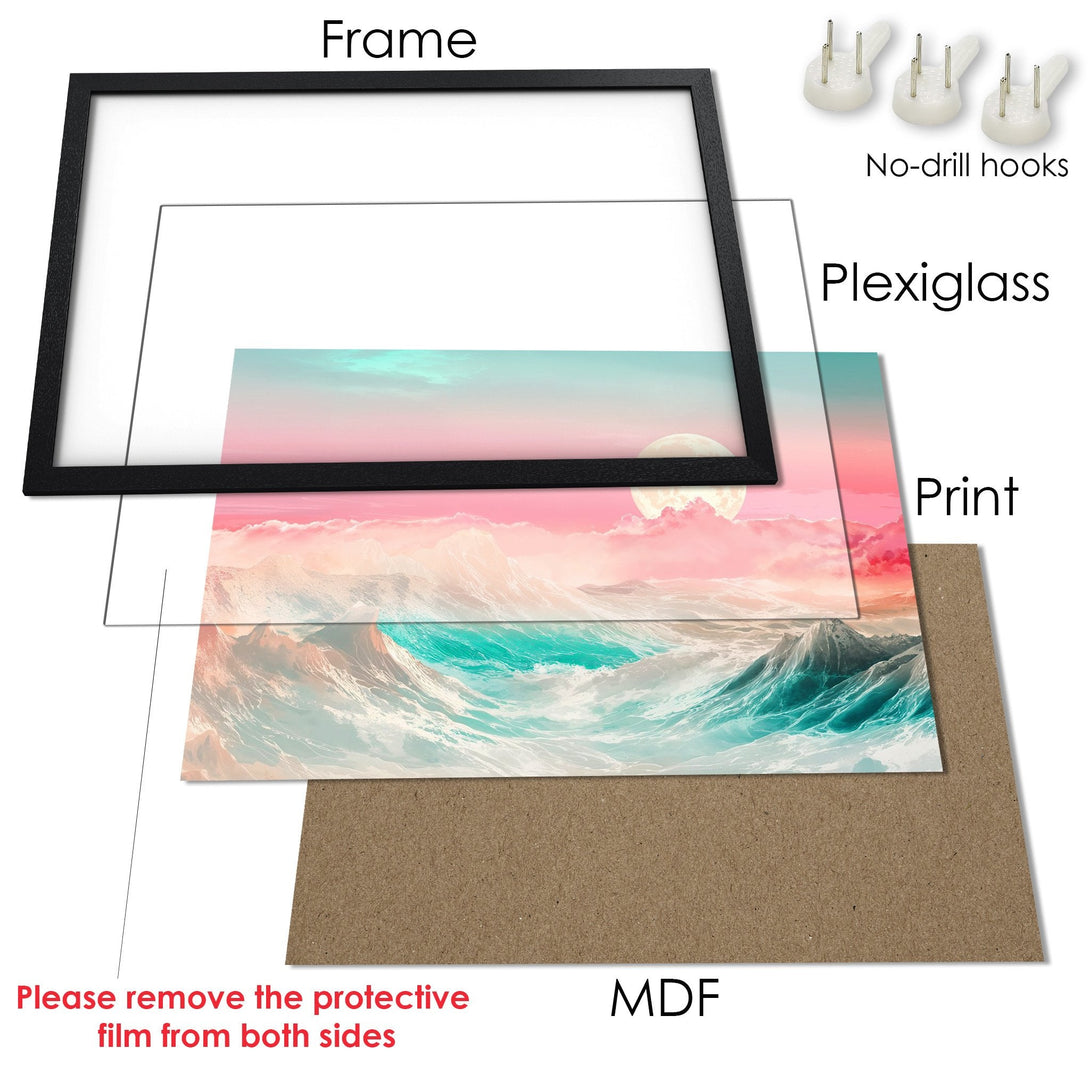 Framed Poster featuring a dreamy landscape in pastel pinks, blues, and white. Perfect wall art!