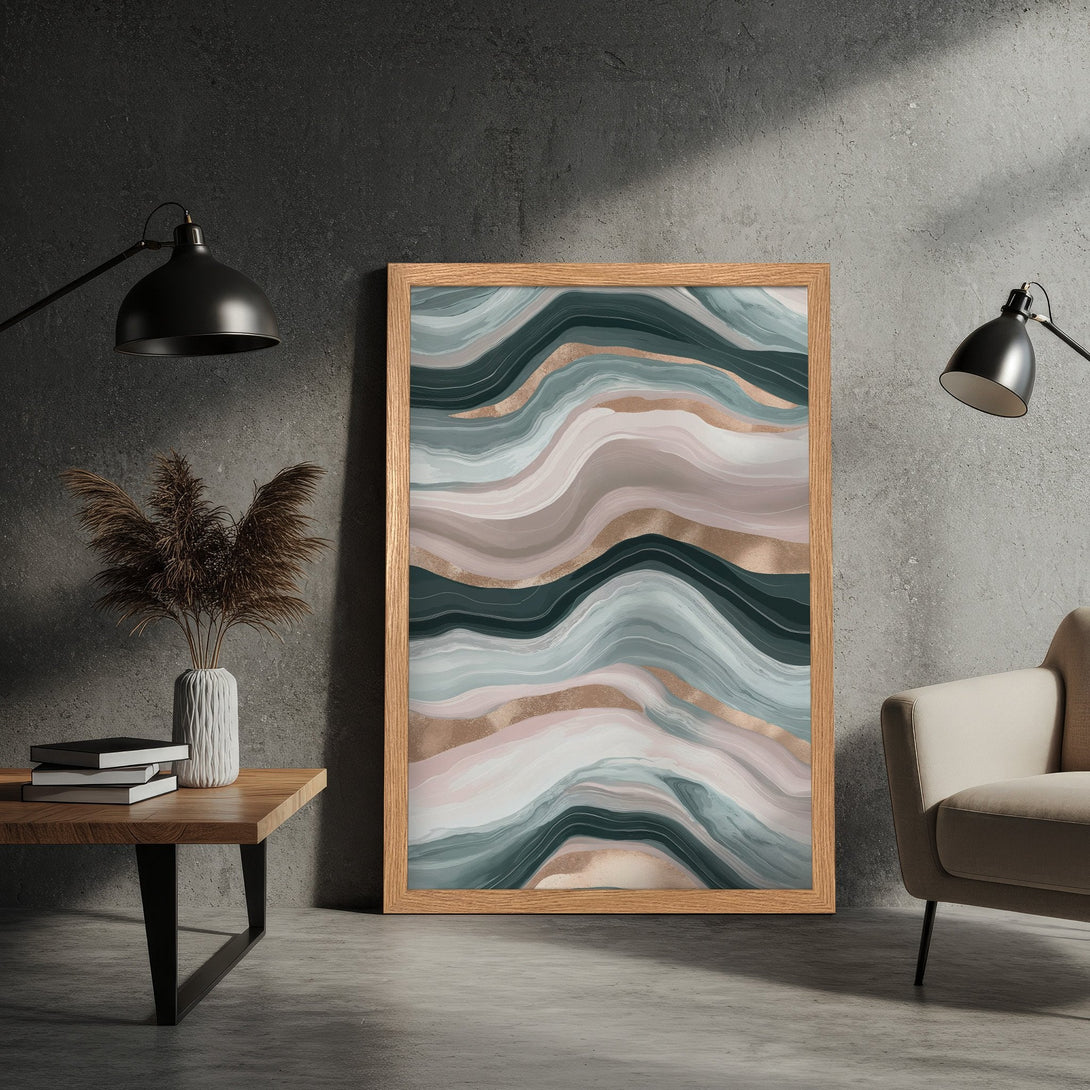 Framed Poster featuring abstract art with teal, blush, and gold tones. Modern home decor. Elevate your space with this stylish print.