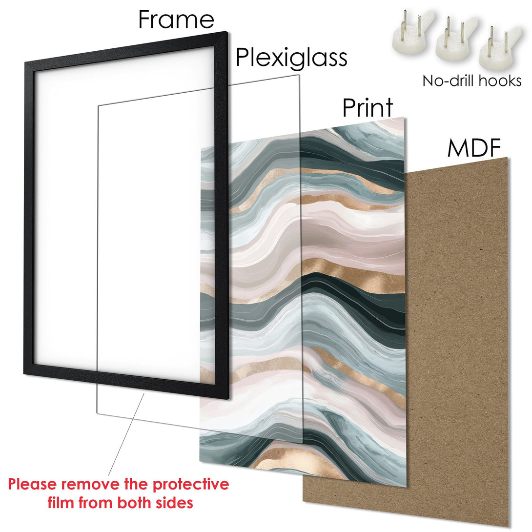 Framed Poster featuring abstract art in a modern style. The color palette includes teal, pink, and gold. Perfect wall decor!
