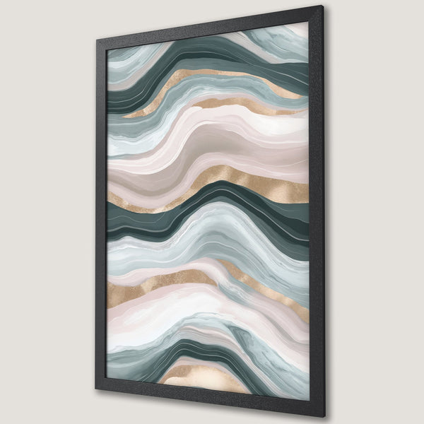 Framed Poster featuring abstract art with flowing lines, teal, blush, gold color palette. Modern wall decor.