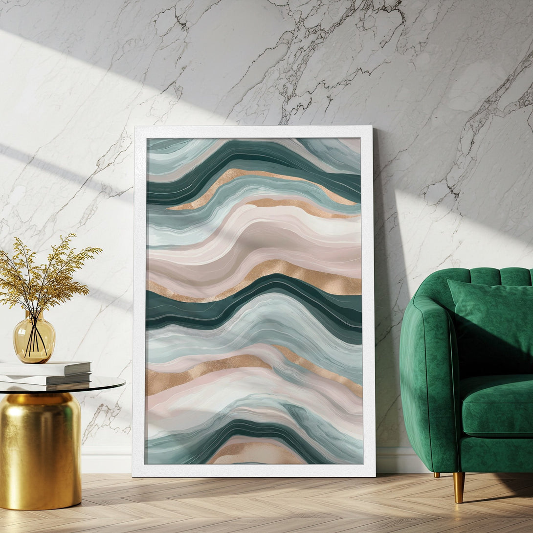 Framed Poster featuring abstract wave art in teal, gold, and blush tones. Modern art print for home decor.