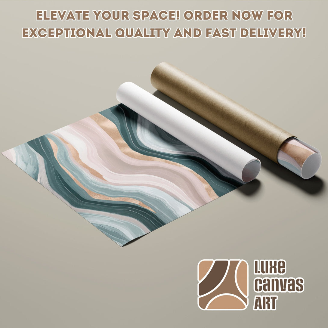Abstract art poster roll with teal, pink, and gold color palette. Elevate your space with this stunning poster! Order now!