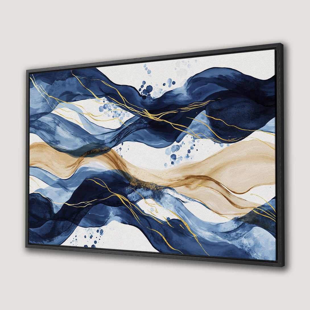 Framed Wall Art featuring abstract watercolor waves in navy, gold, and beige. Modern, elegant Canvas Print for your home decor.