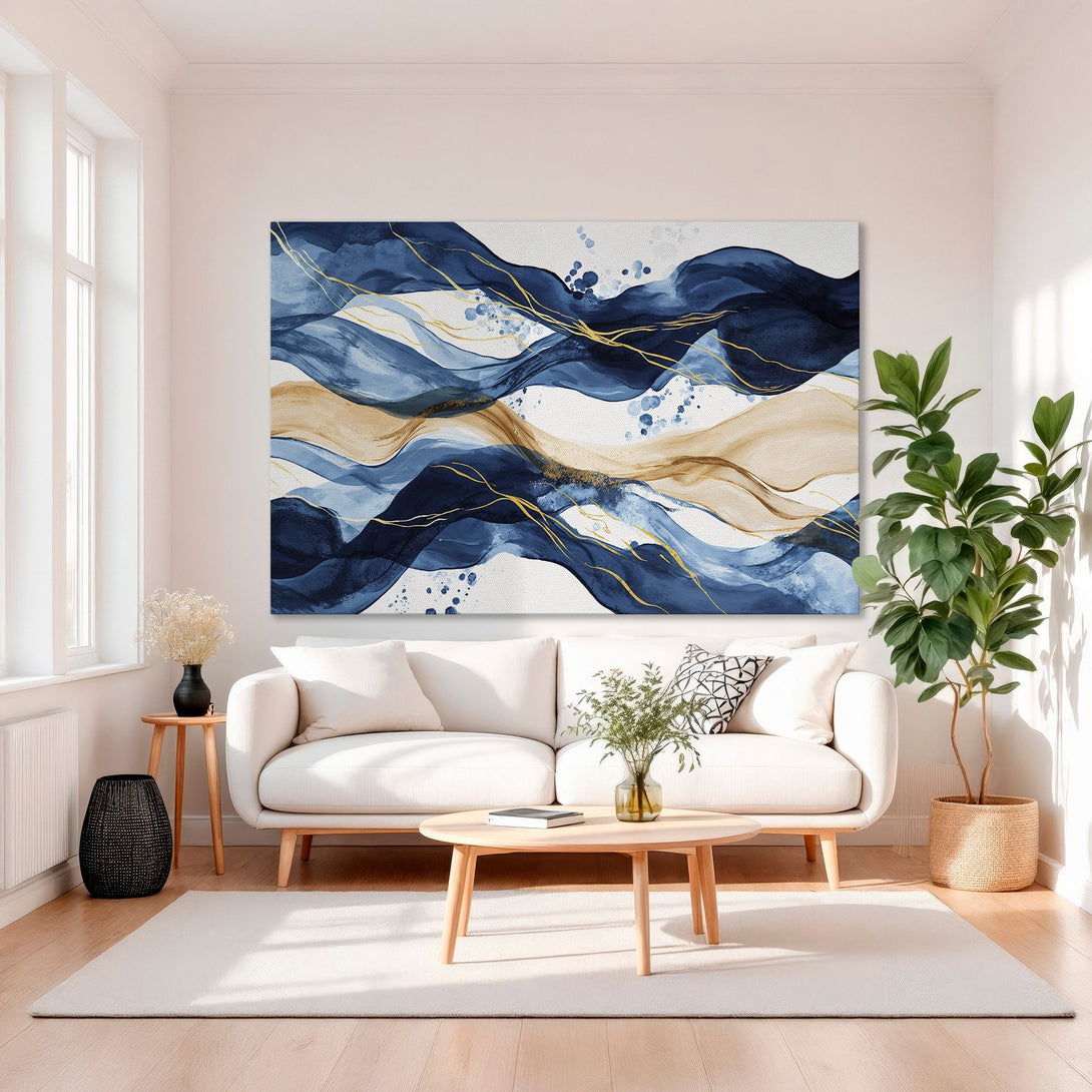 Framed Wall Art: Abstract blue and gold waves Canvas Print. Modern art with a calming color palette, perfect for living room decor.
