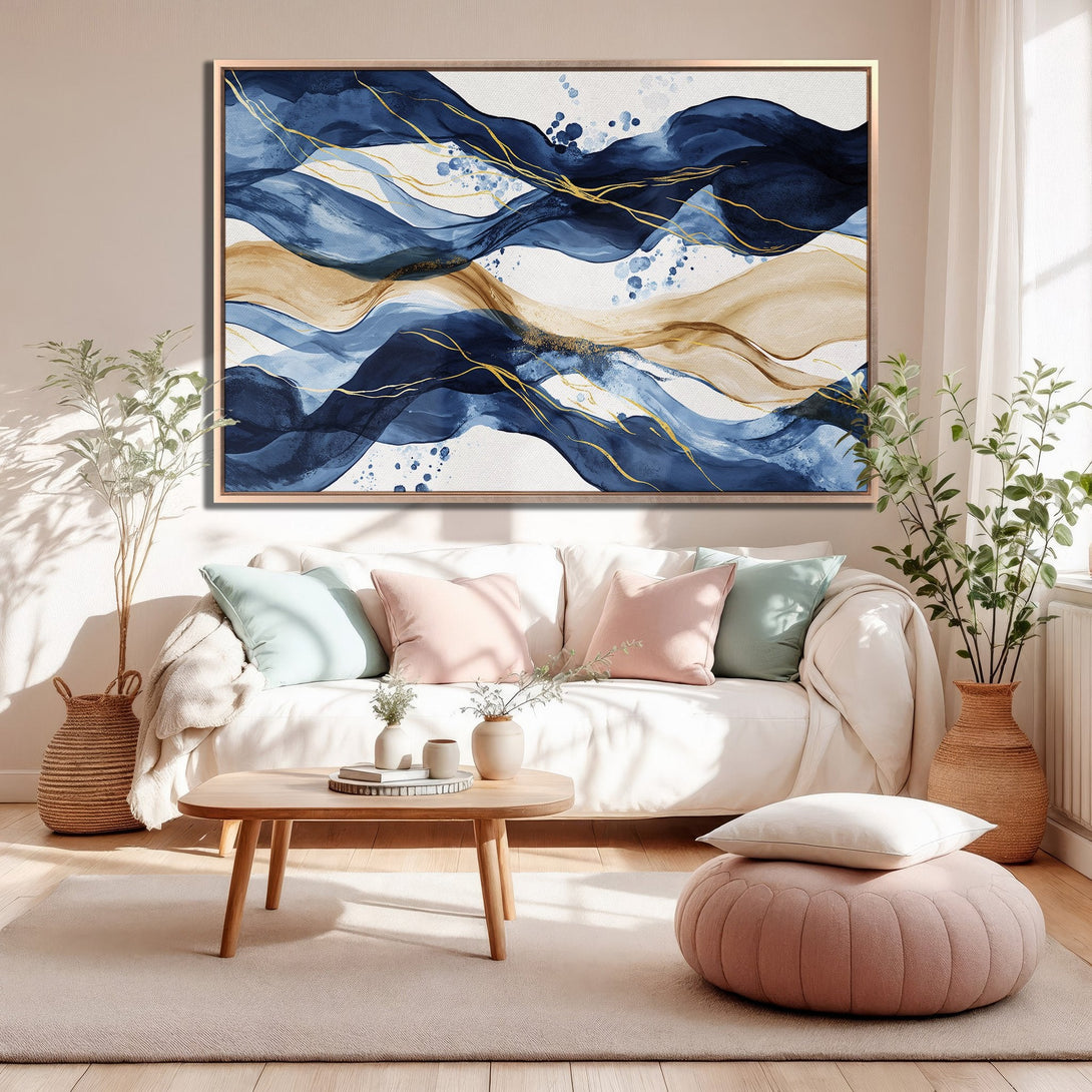 Framed Wall Art: Abstract blue, gold, and beige canvas print. Modern art perfect for living room decor. Add a touch of elegance to your space!