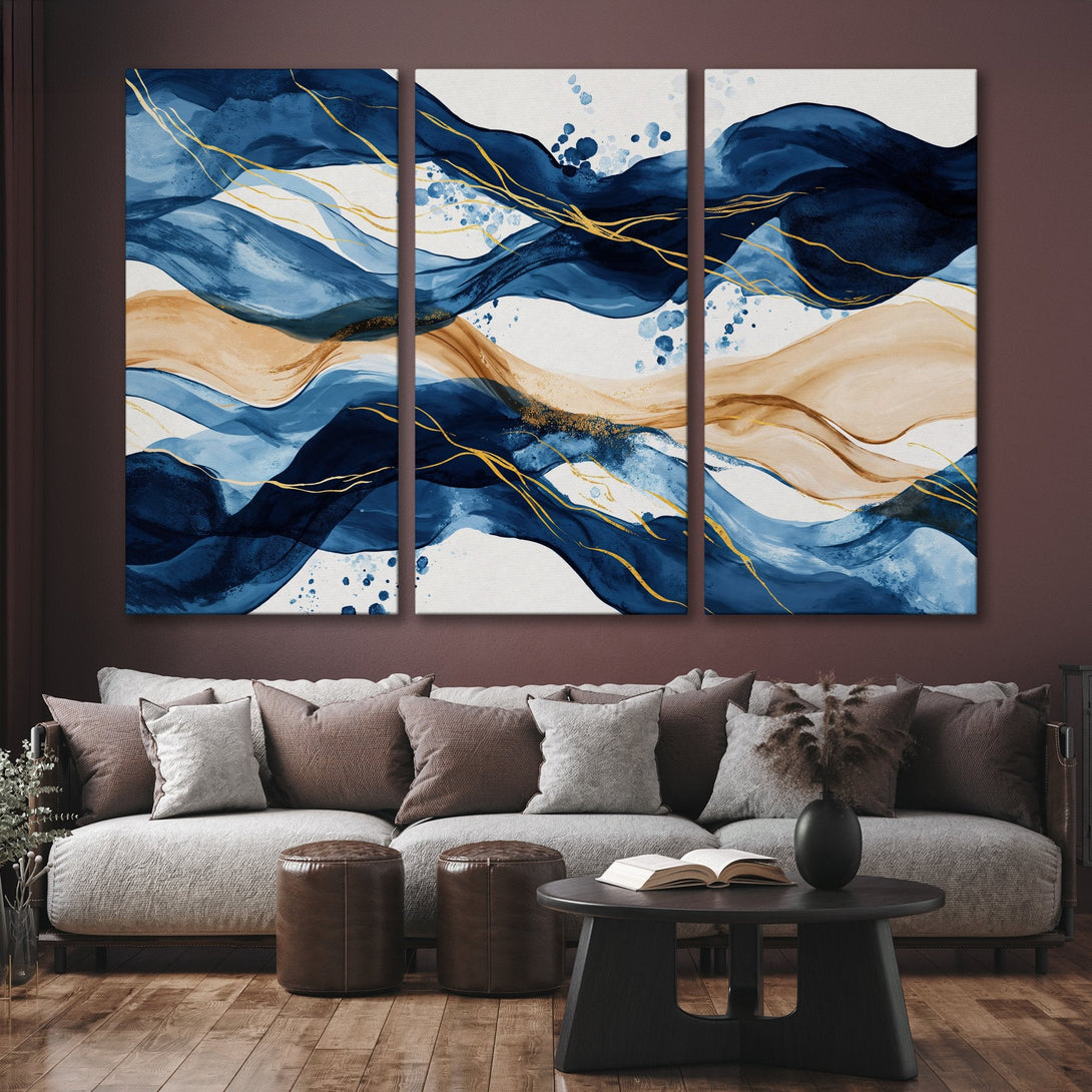Abstract Canvas Print art in blue, gold, and beige tones, perfect for modern home decor.