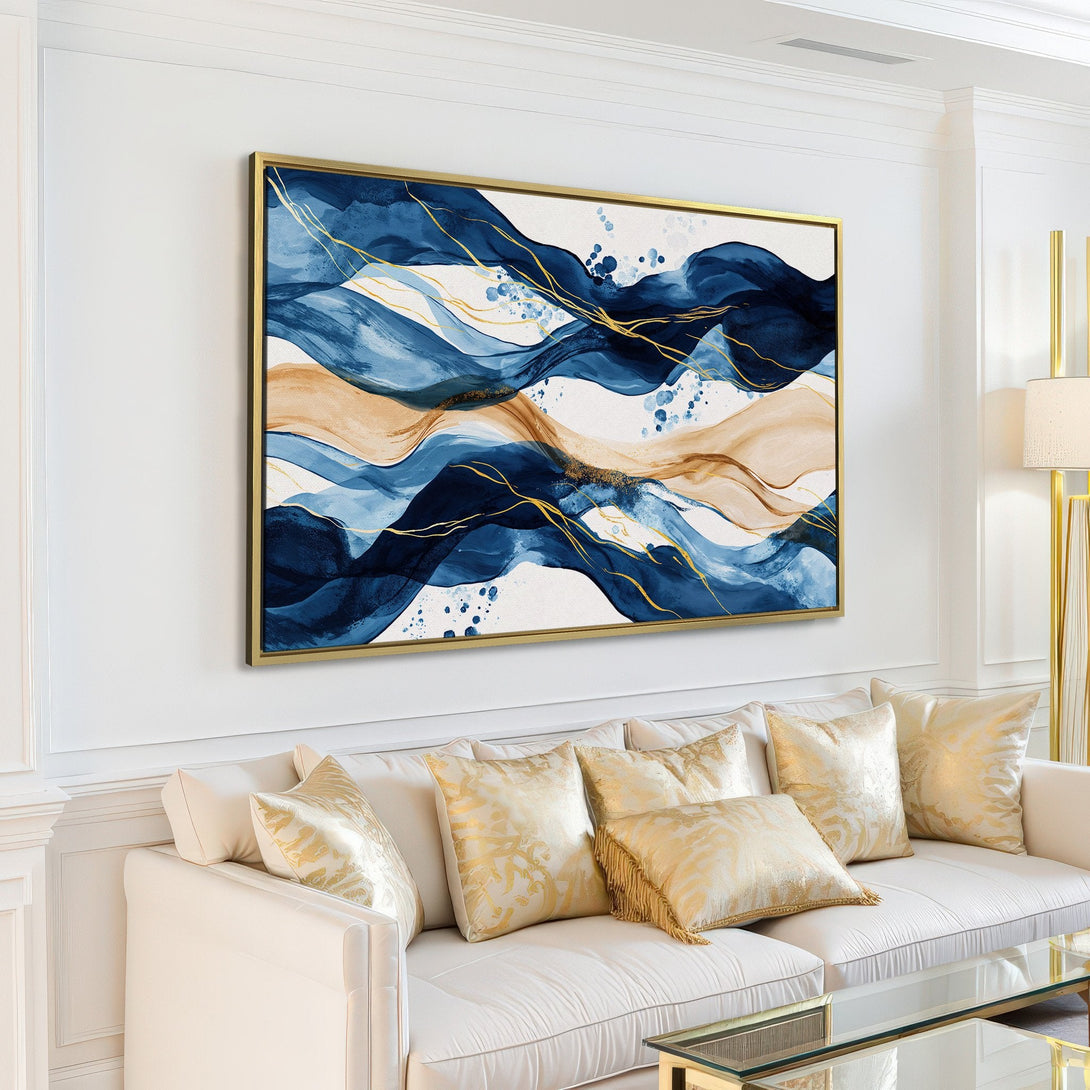 Abstract Canvas Print in blue, gold, and beige tones. Modern wall art for living room decor.