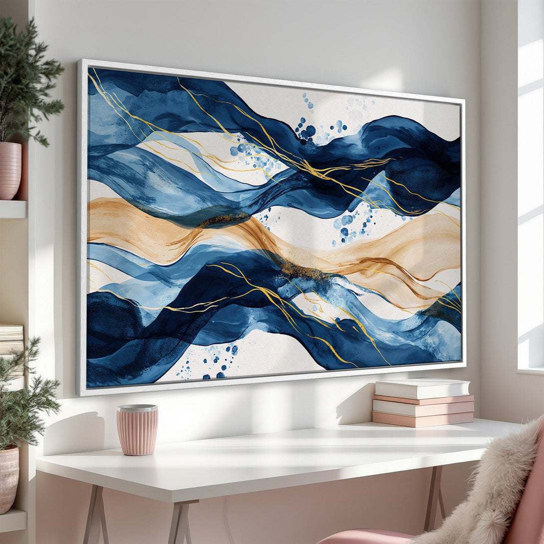 Framed Wall Art featuring abstract blue and gold waves. Modern art print perfect for living room or bedroom decor.