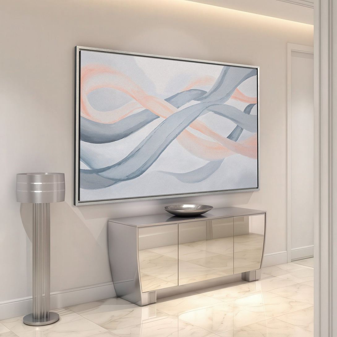 Framed Wall Art featuring abstract brushstrokes in gray and blush tones. Modern Canvas Print adds a touch of elegance to any interior.